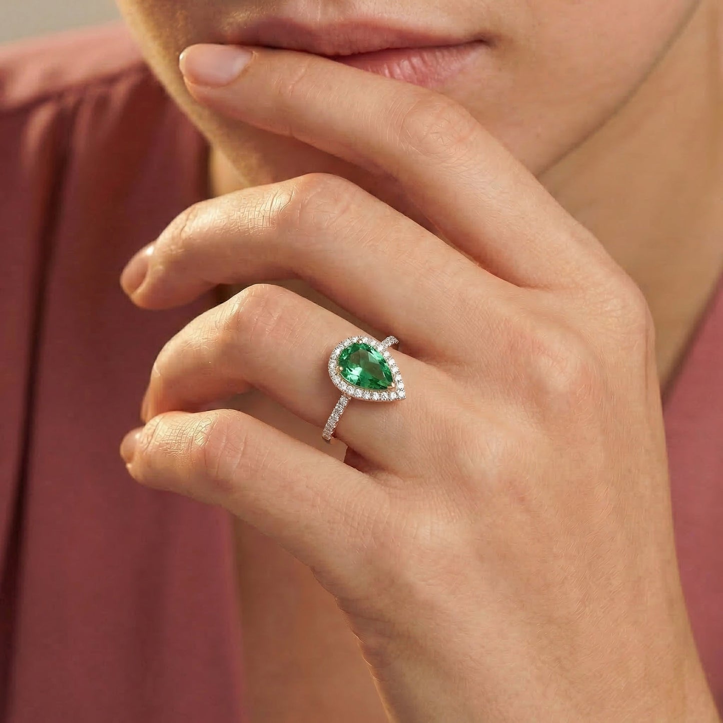 Emerald Teardrop Halo Ring
