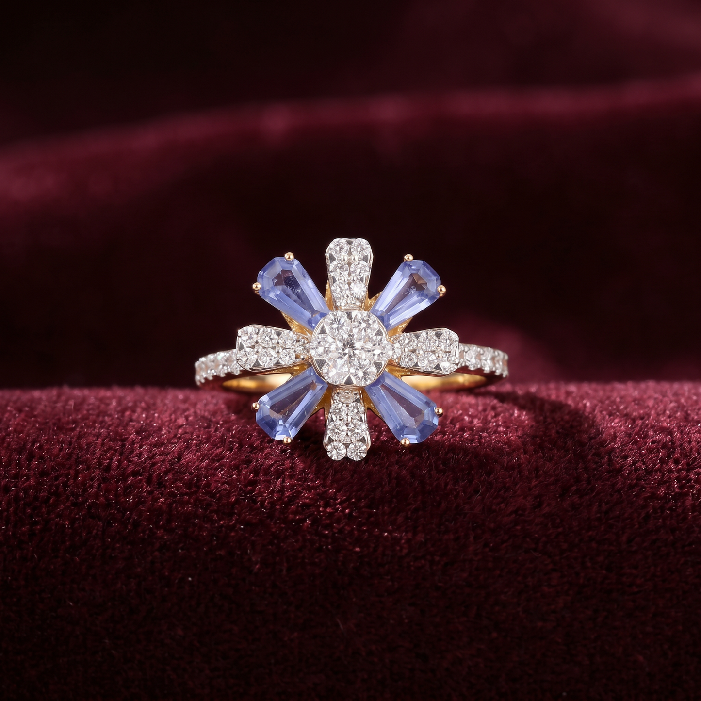 Gold Diamond White Blue Floral Ladies Ring