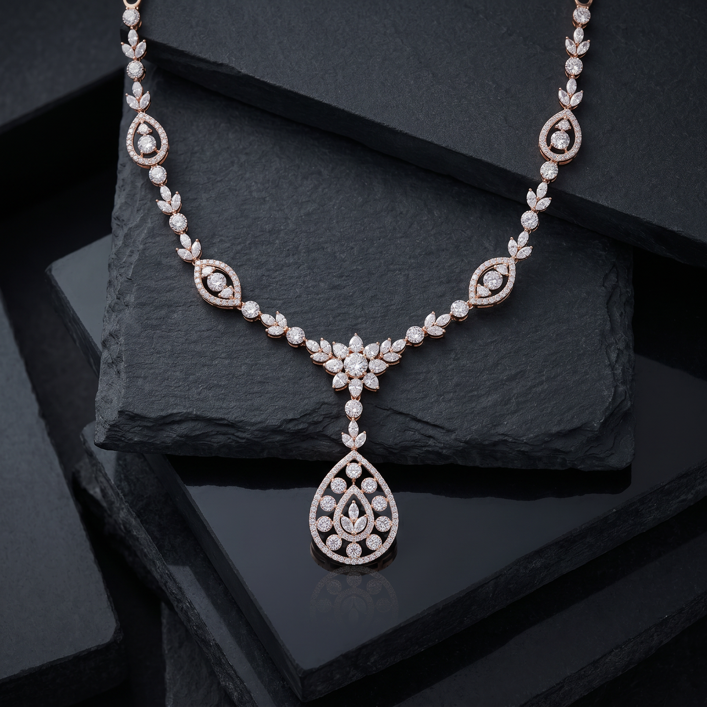 Gold and Diamond Studded Drop Necklace