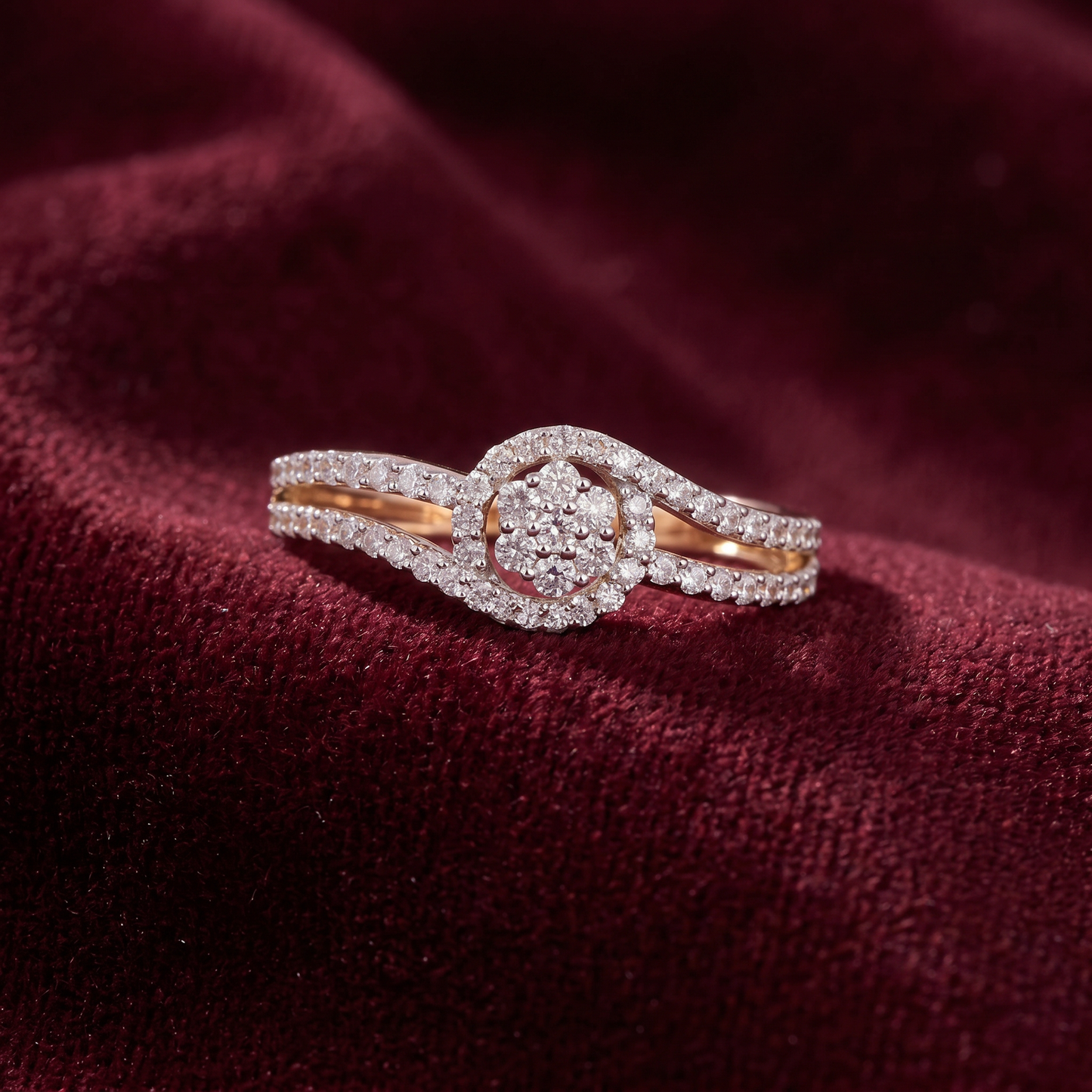 Gold Diamond Swirling Floral Ladies Ring