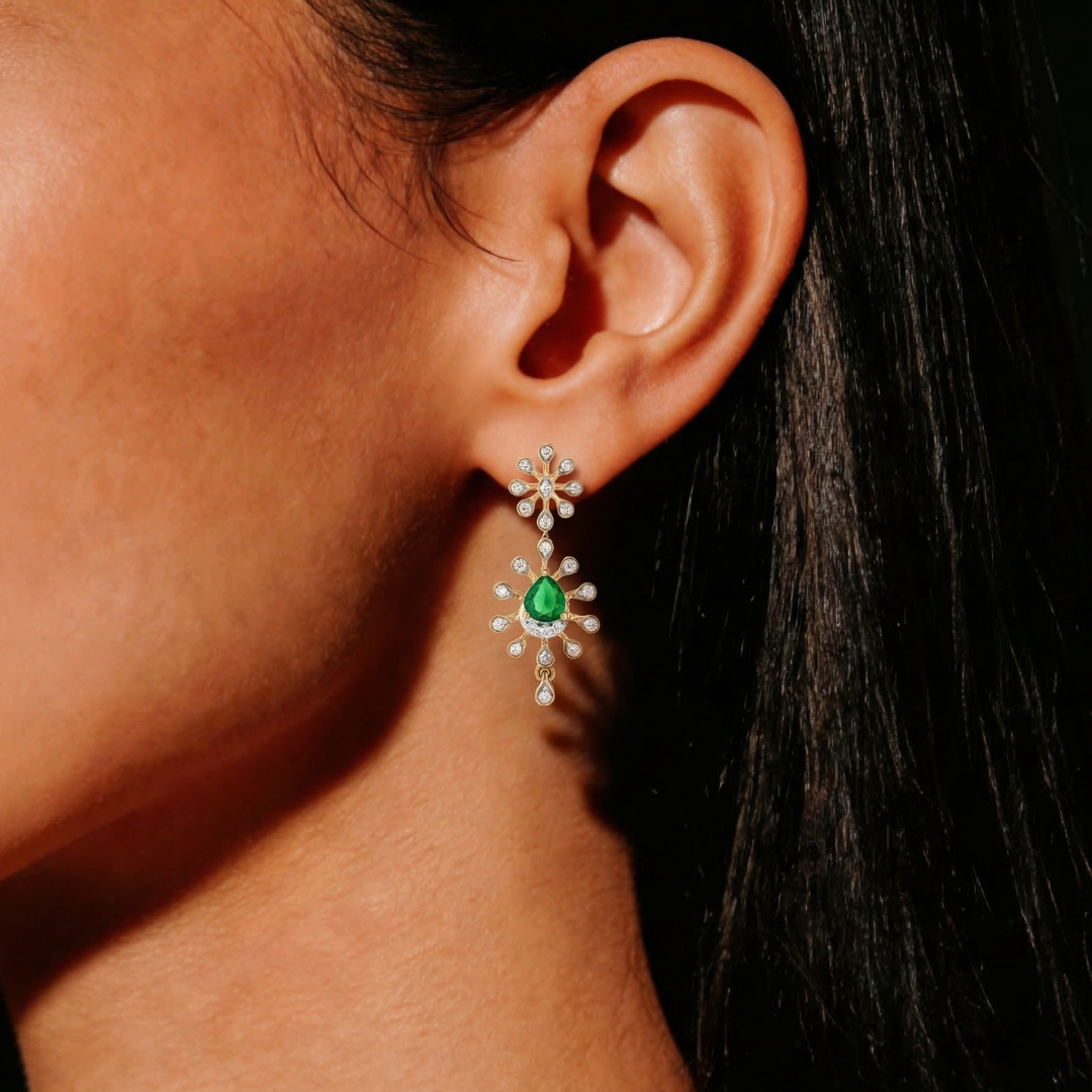 Emerald Radiant Halo Drop Earrings