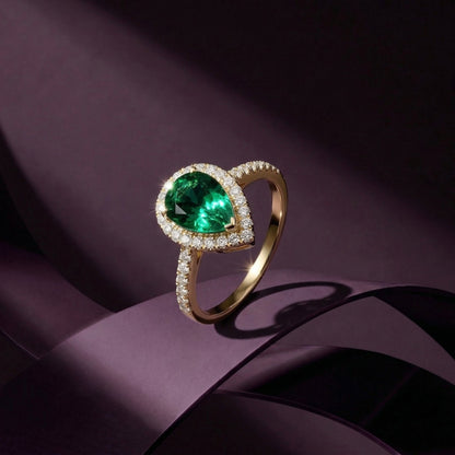 Emerald Teardrop Halo Ring