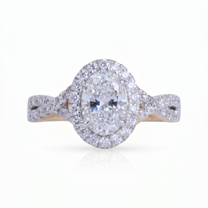 Gold Diamond Oval Halo with Twisted Infinity Ladies Ring