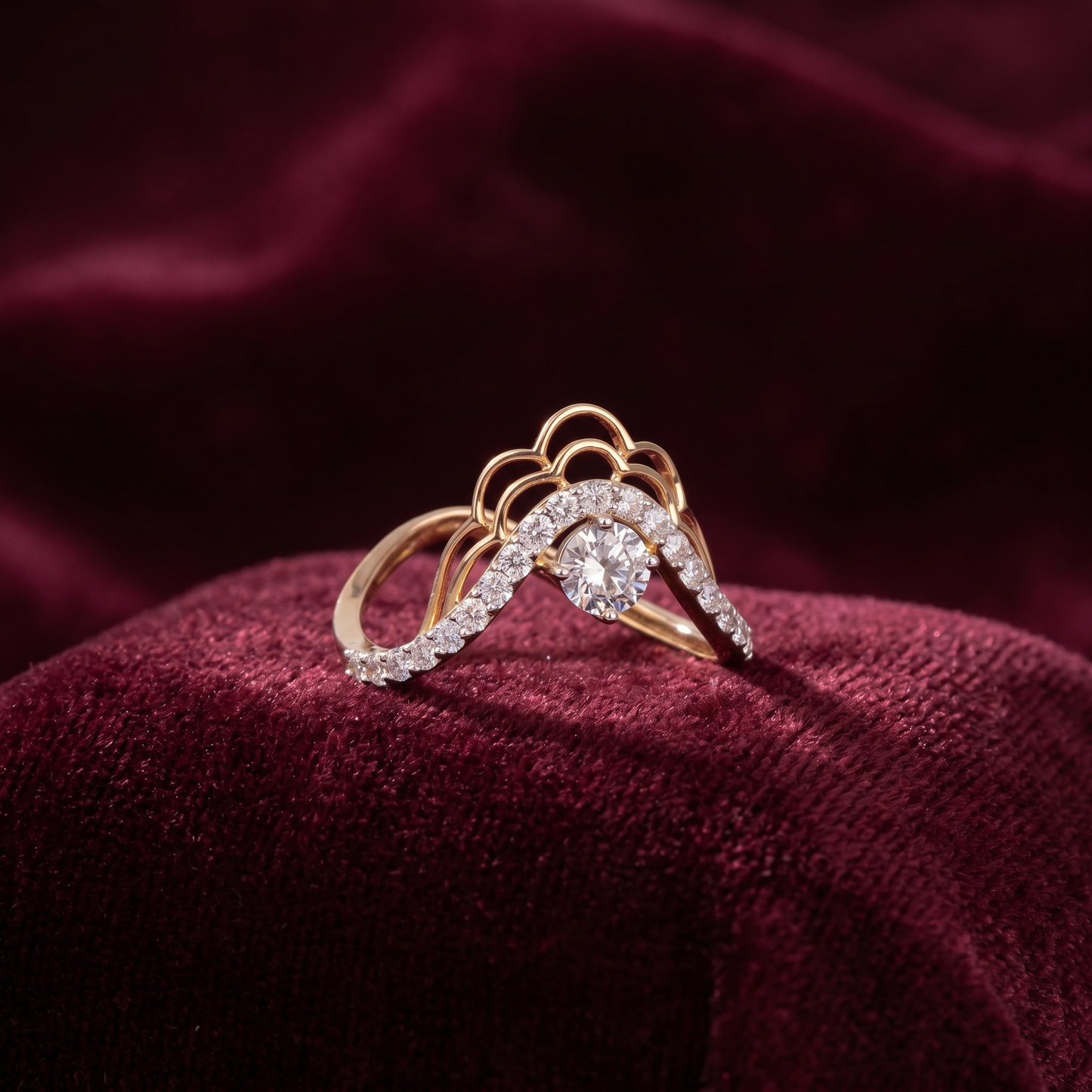 Gold Diamond Chevron Moon Ladies Ring