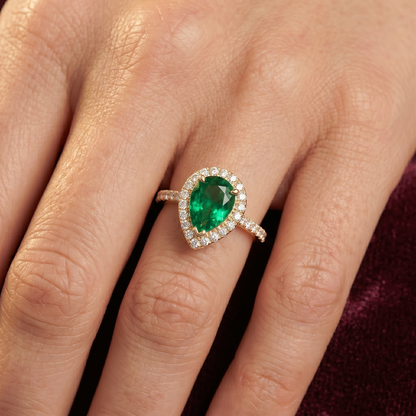 Emerald Teardrop Halo Ring