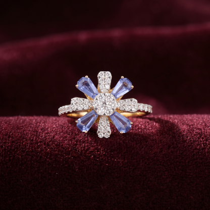 Gold Diamond White  Blue Floral Ladies Ring