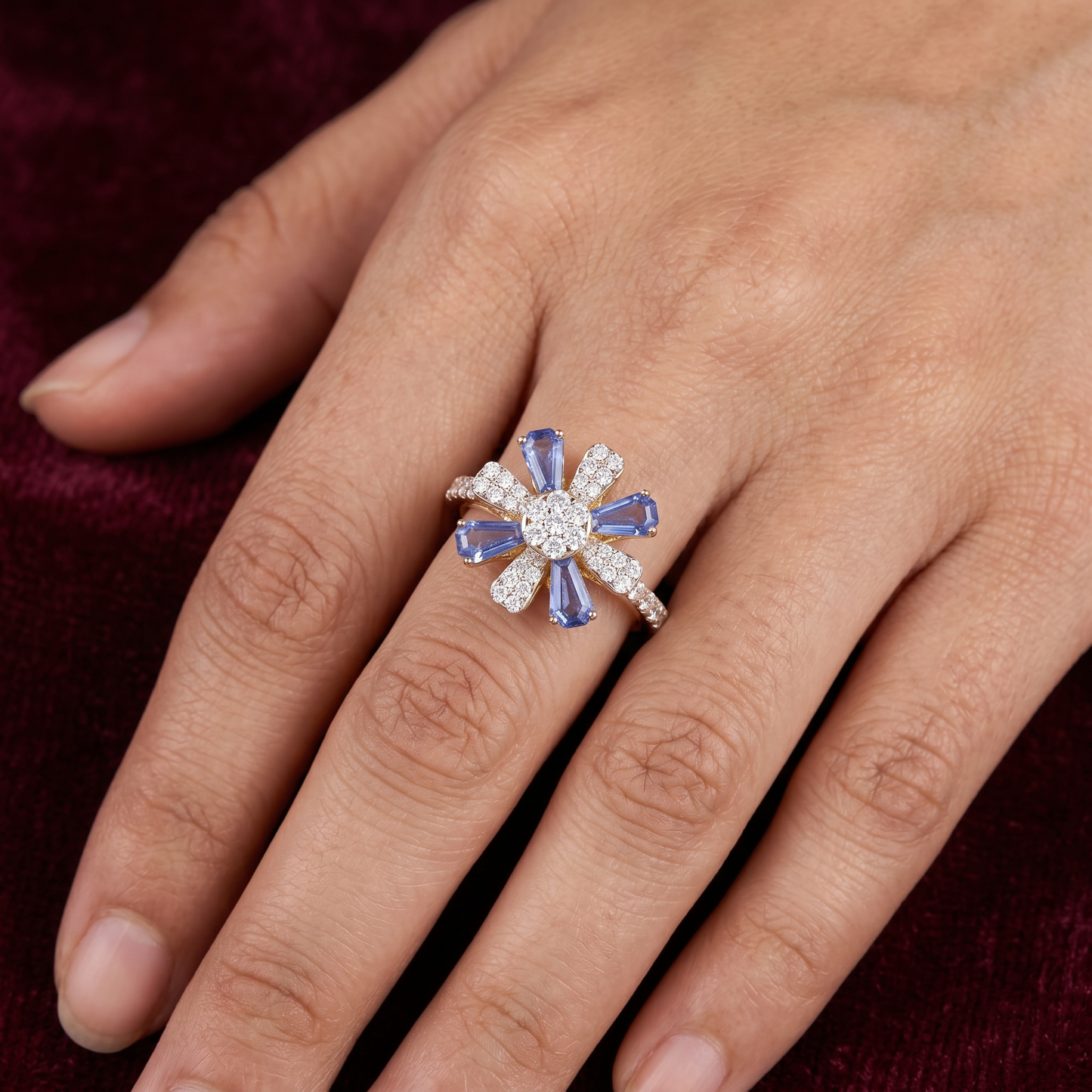 Gold Diamond White  Blue Floral Ladies Ring