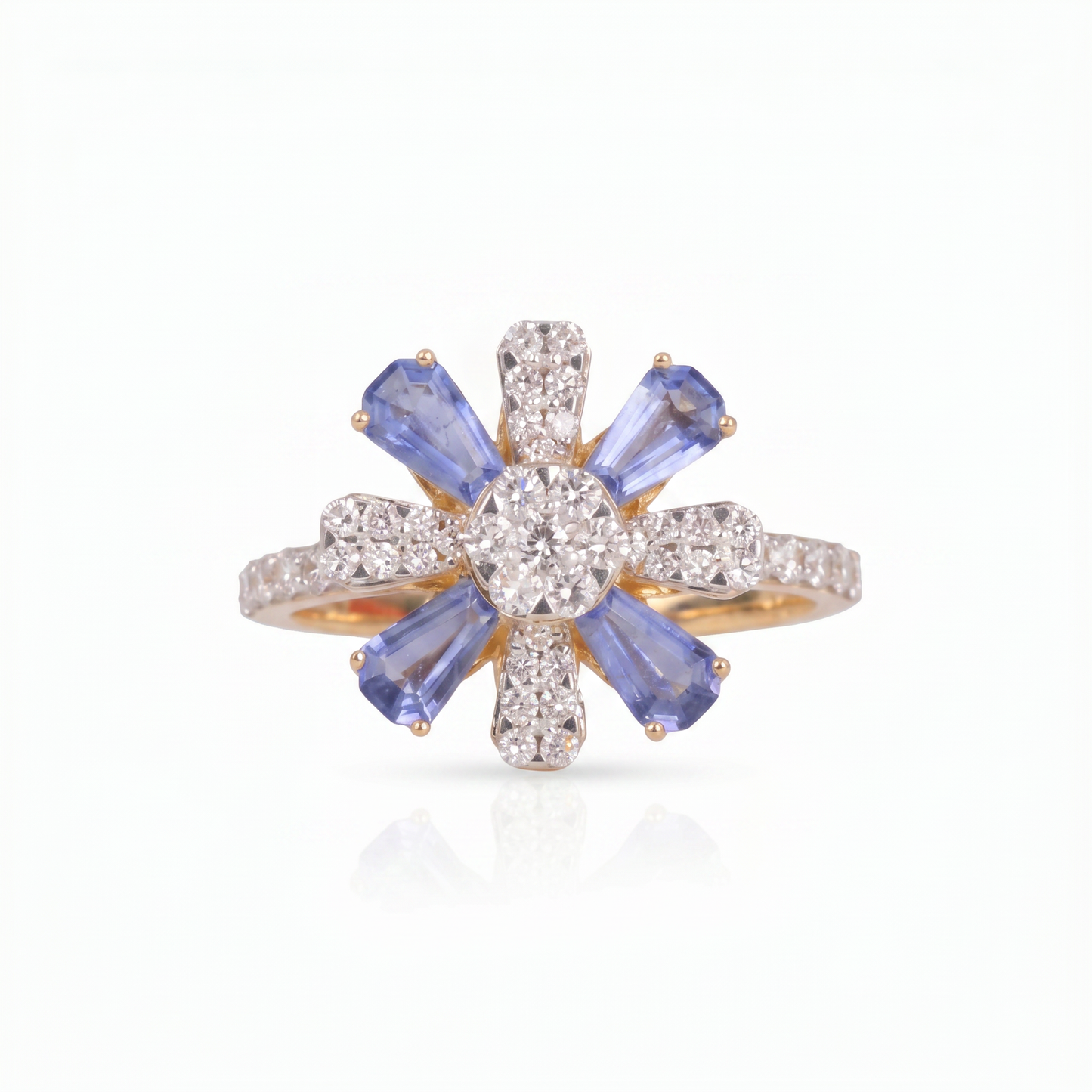 Gold Diamond White  Blue Floral Ladies Ring