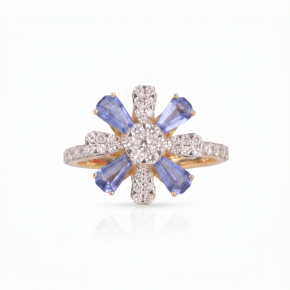 Gold Diamond White  Blue Floral Ladies Ring