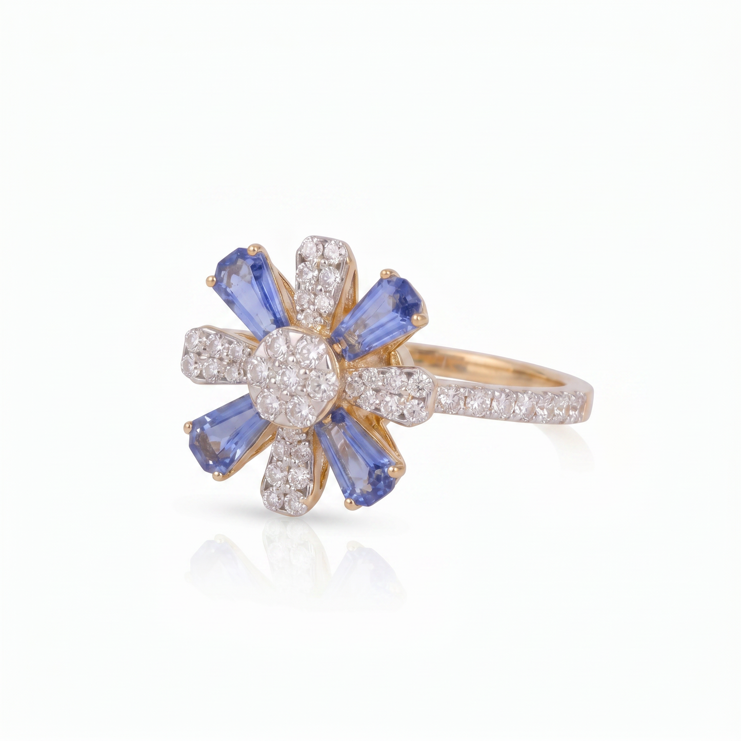 Gold Diamond White  Blue Floral Ladies Ring