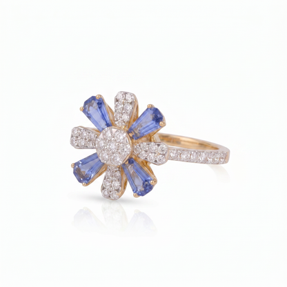 Gold Diamond White  Blue Floral Ladies Ring