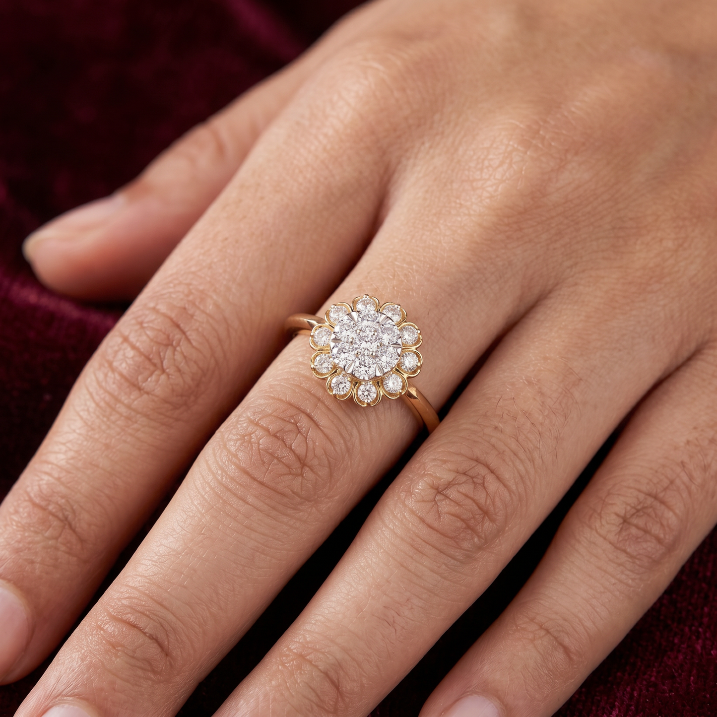 Gold Diamond Sunburst Ladies Ring