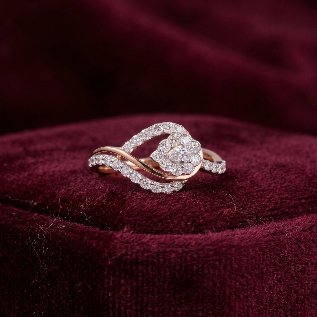 Gold Diamond Leaf Pattern Ladies Ring