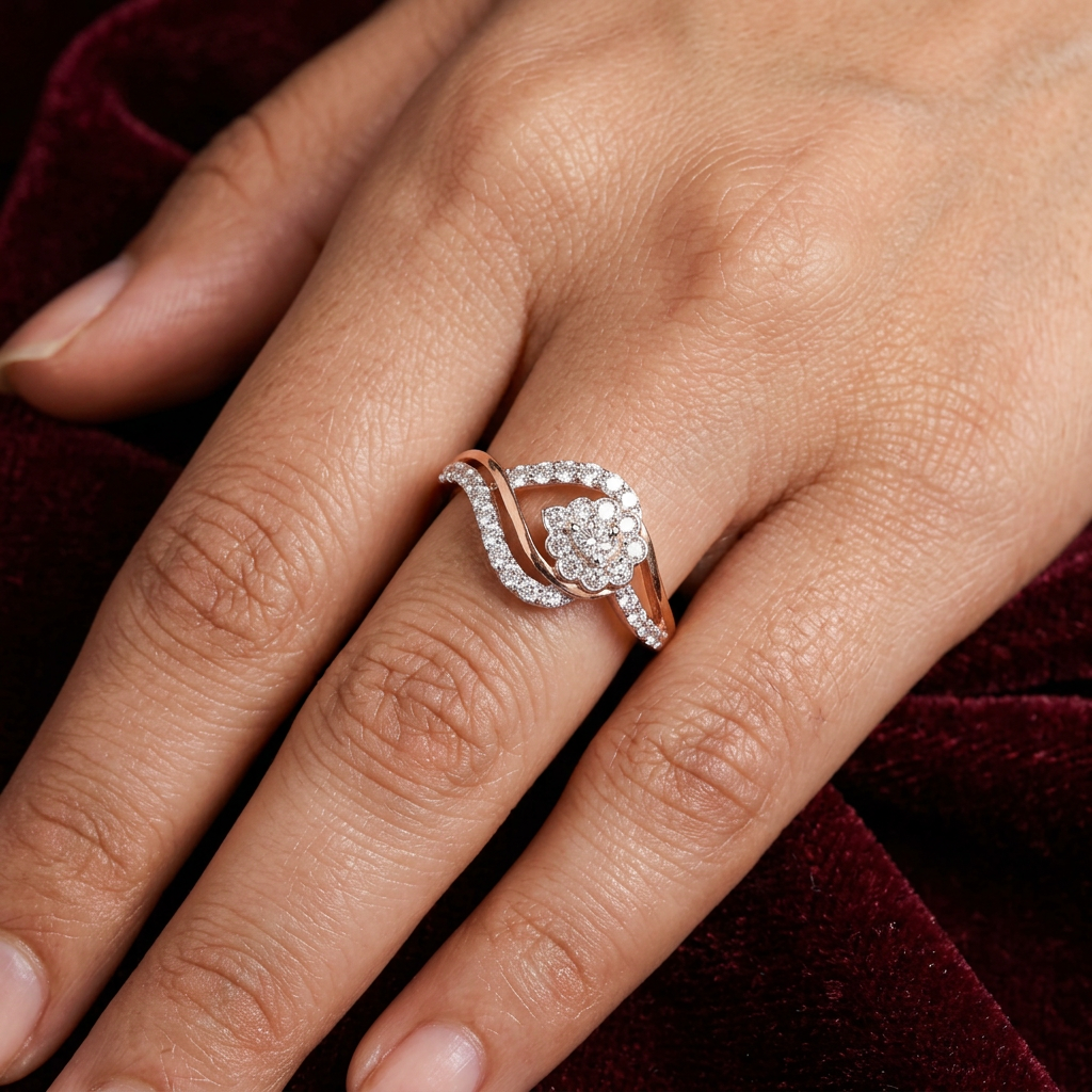 Gold Diamond Leaf Pattern Ladies Ring