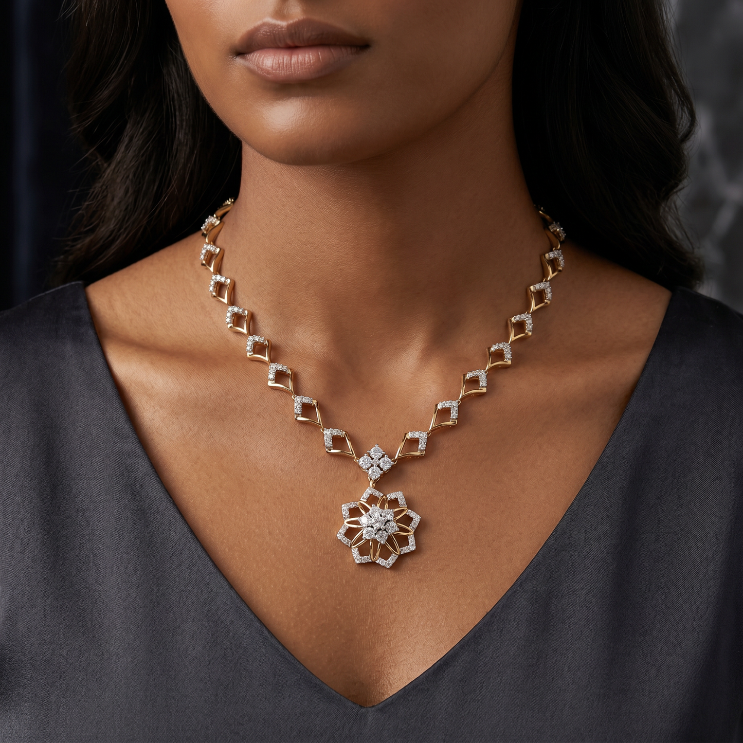 Gold and Diamond Moonlight Solitaire Studded Necklace