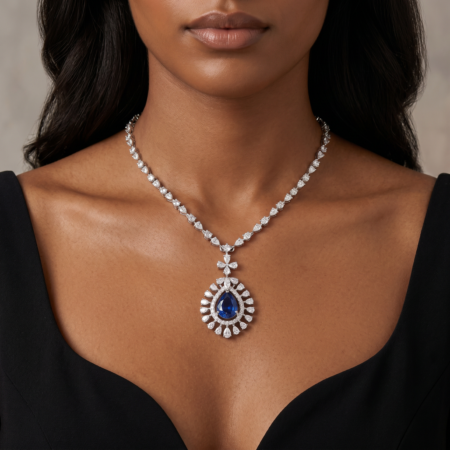 Sapphire Halo Drop Necklace
